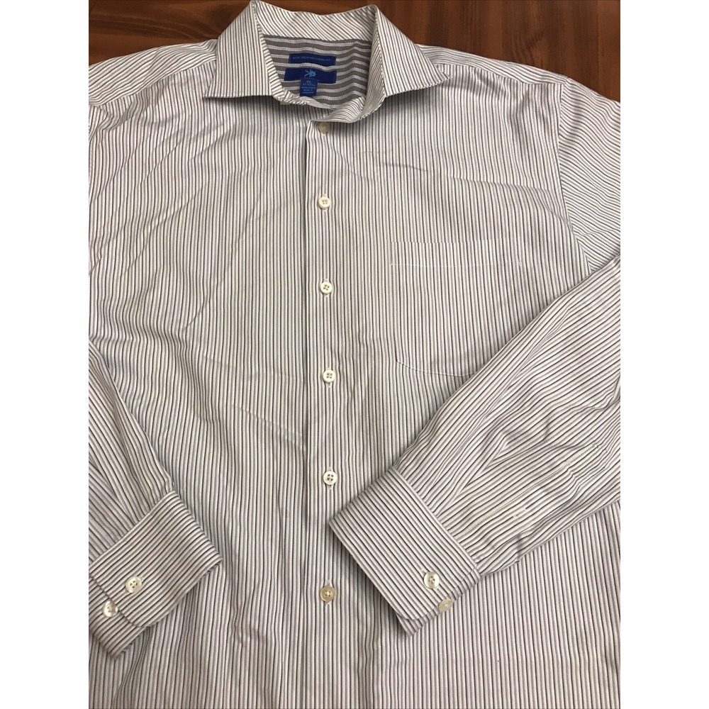 Egara Mens Pin Stripe Brown Blue 17 - 17.5 No‎ Iron Dress Shirt